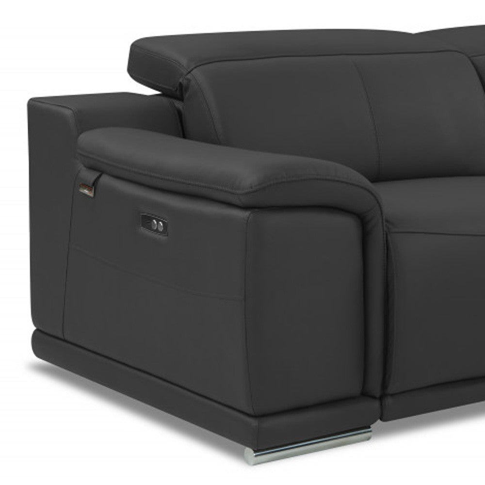 86" Dark Gray And Silver Italian Leather Reclining USB Sofa