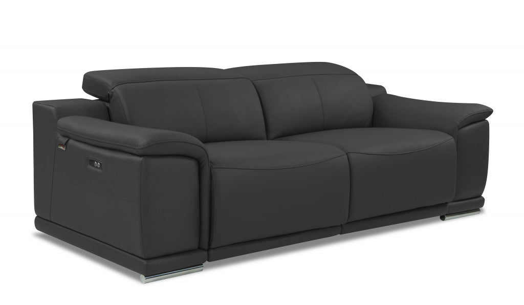 86" Dark Gray And Silver Italian Leather Reclining USB Sofa