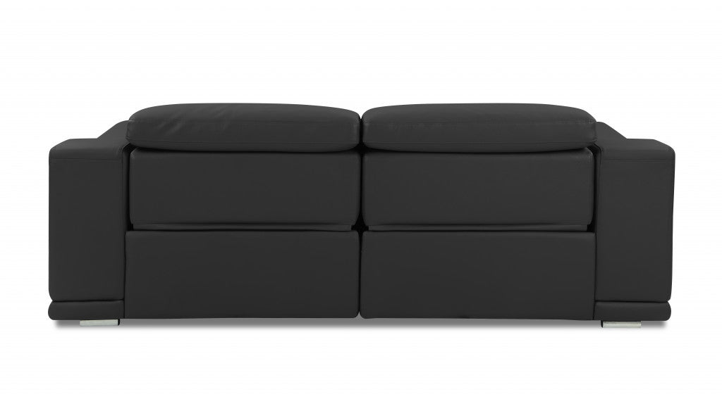 86" Dark Gray And Silver Italian Leather Reclining USB Sofa