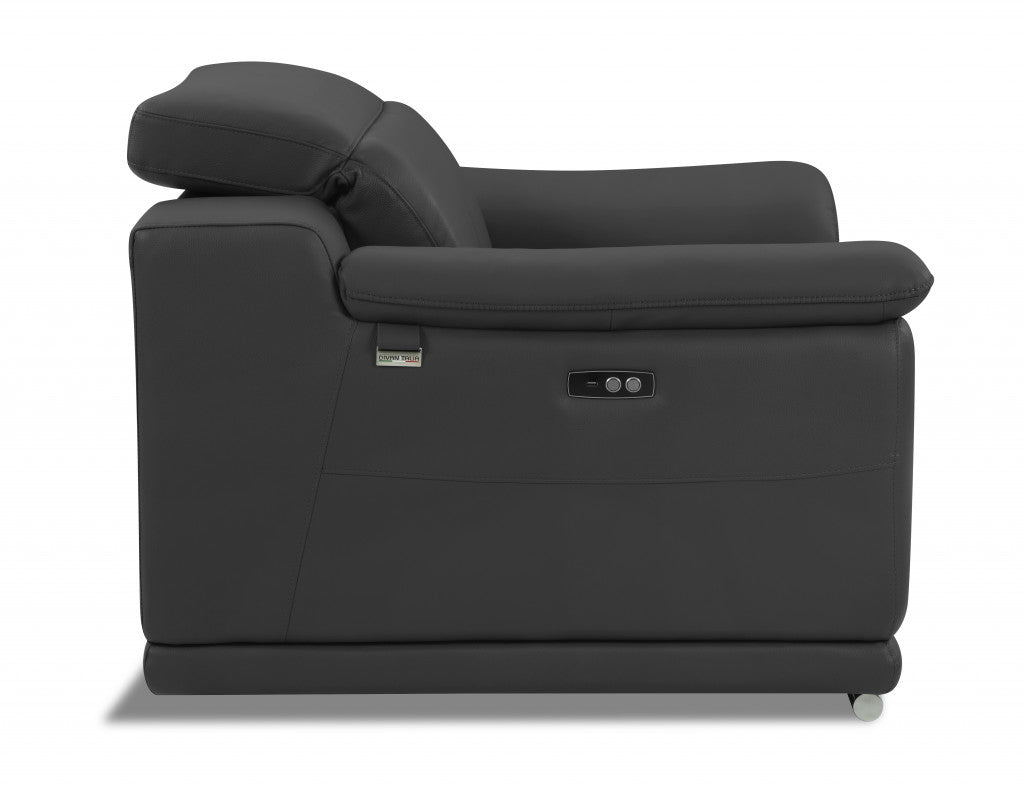 86" Dark Gray And Silver Italian Leather Reclining USB Sofa