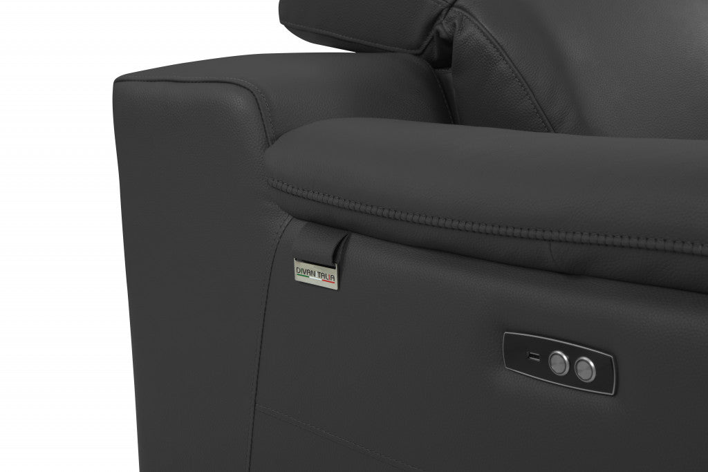 86" Dark Gray And Silver Italian Leather Reclining USB Sofa