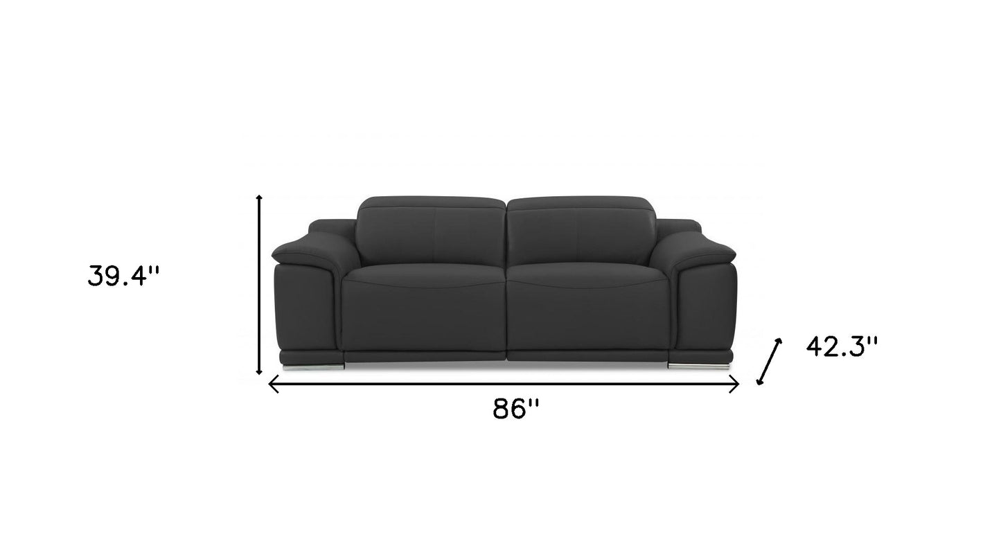 86" Dark Gray And Silver Italian Leather Reclining USB Sofa
