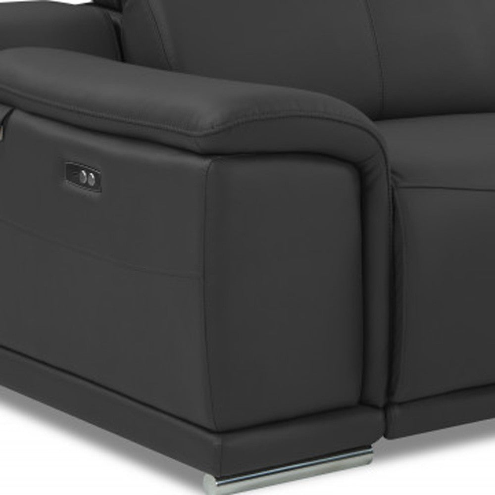 86" Dark Gray And Silver Italian Leather Reclining USB Sofa