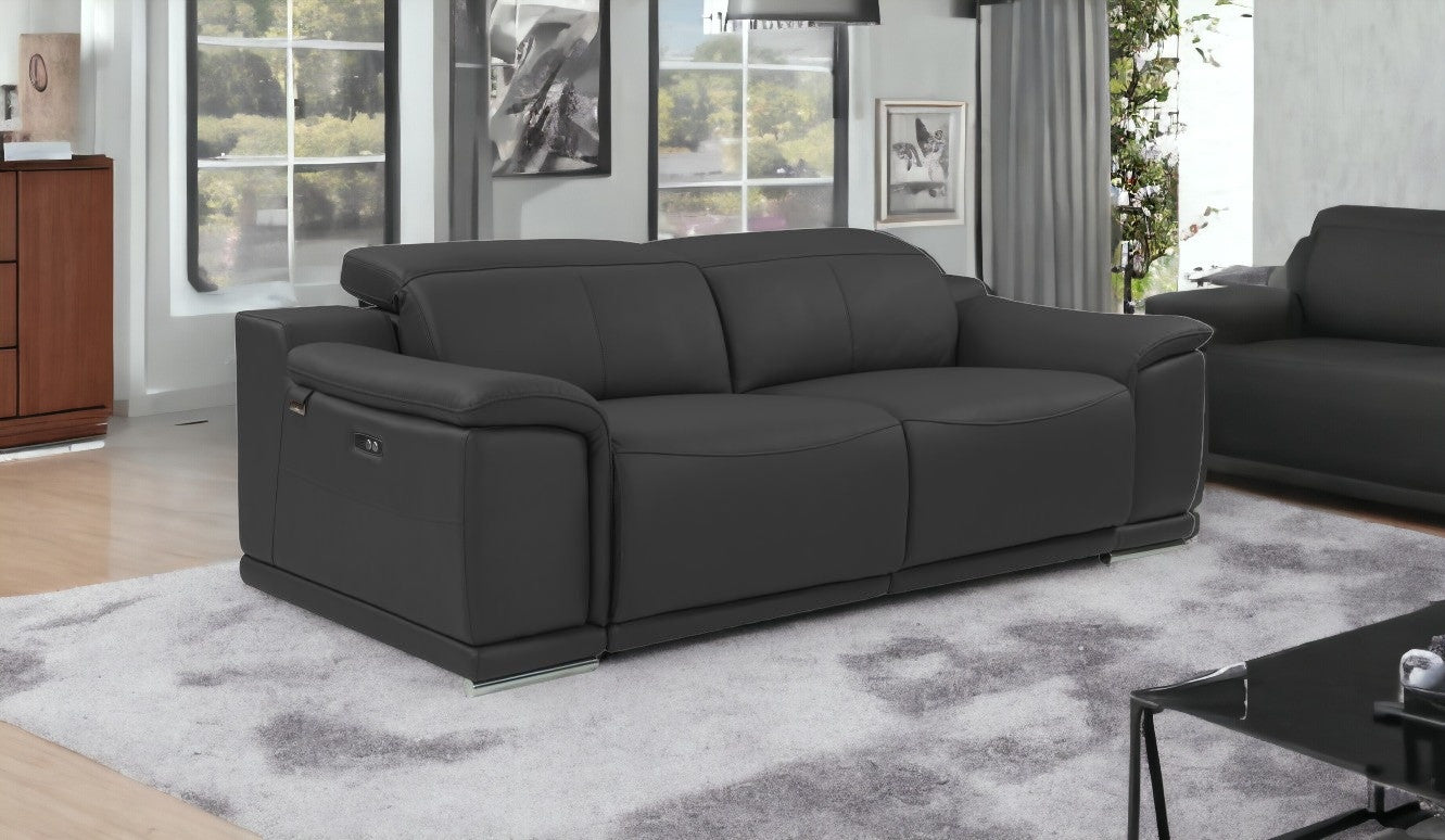 86" Dark Gray And Silver Italian Leather Reclining USB Sofa