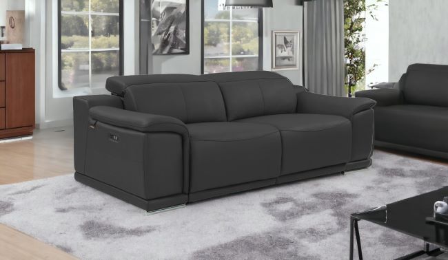 86" Dark Gray And Silver Italian Leather Reclining USB Sofa