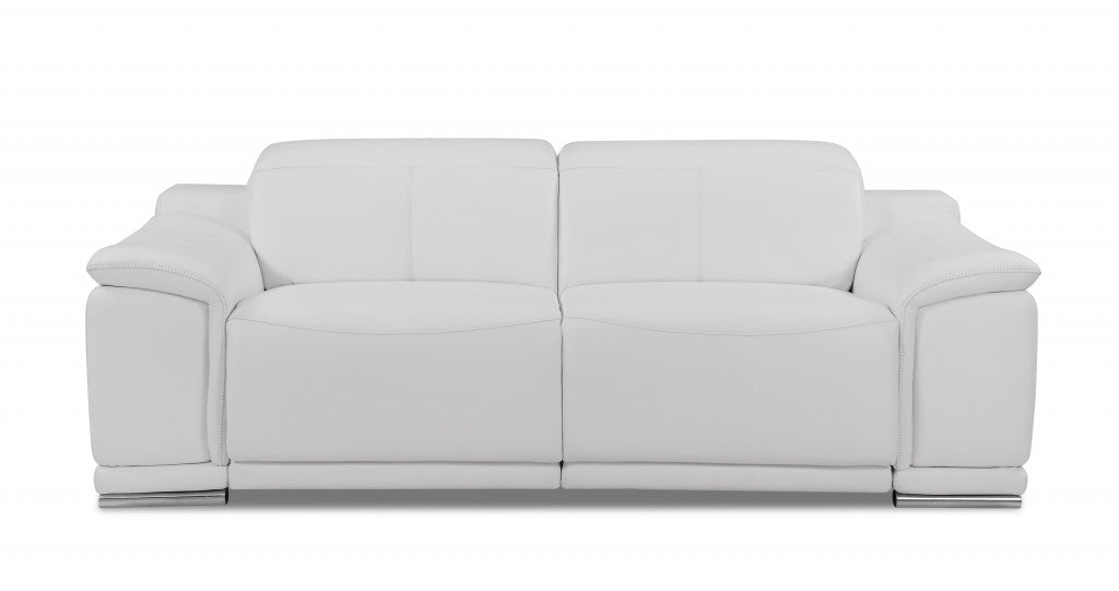 86" White And Silver Italian Leather Reclining USB Sofa