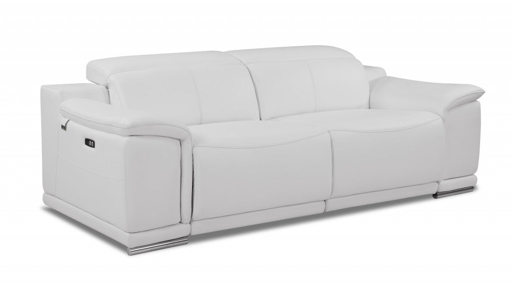 86" White And Silver Italian Leather Reclining USB Sofa