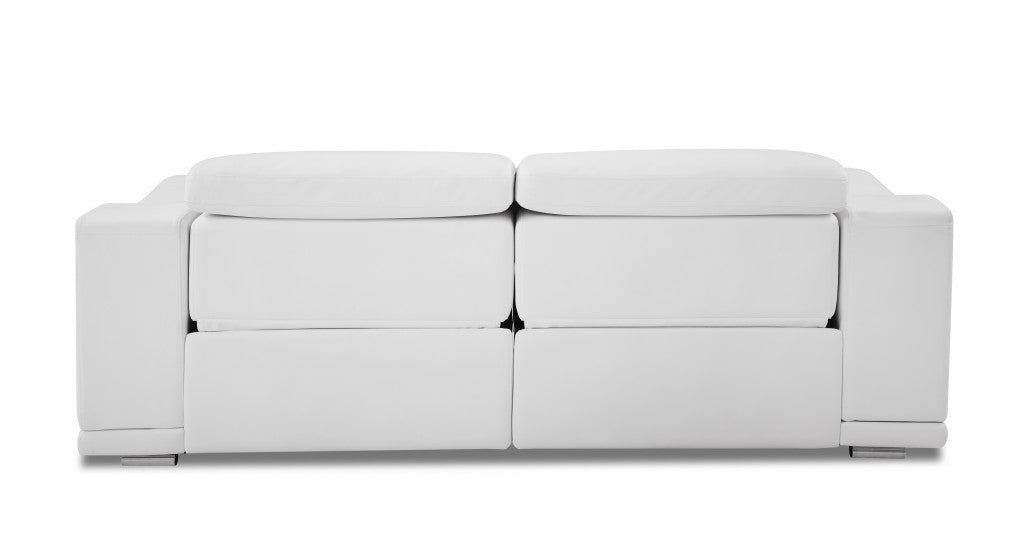 86" White And Silver Italian Leather Reclining USB Sofa