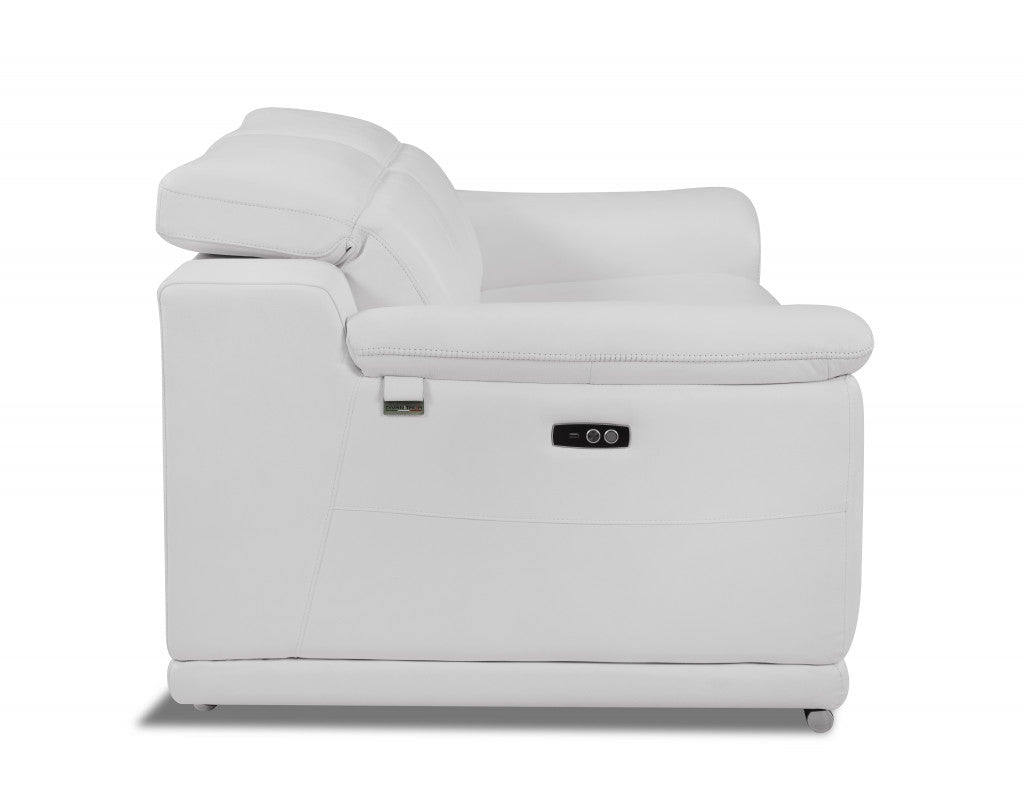 86" White And Silver Italian Leather Reclining USB Sofa