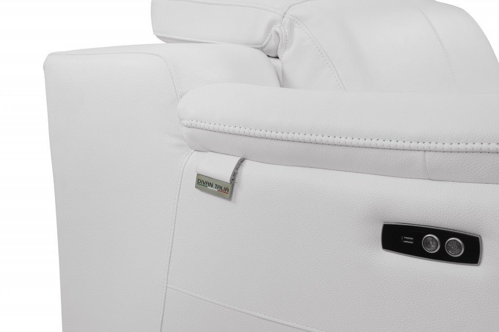 86" White And Silver Italian Leather Reclining USB Sofa