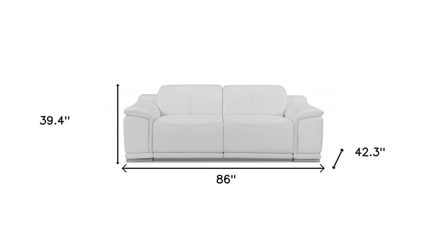 86" White And Silver Italian Leather Reclining USB Sofa