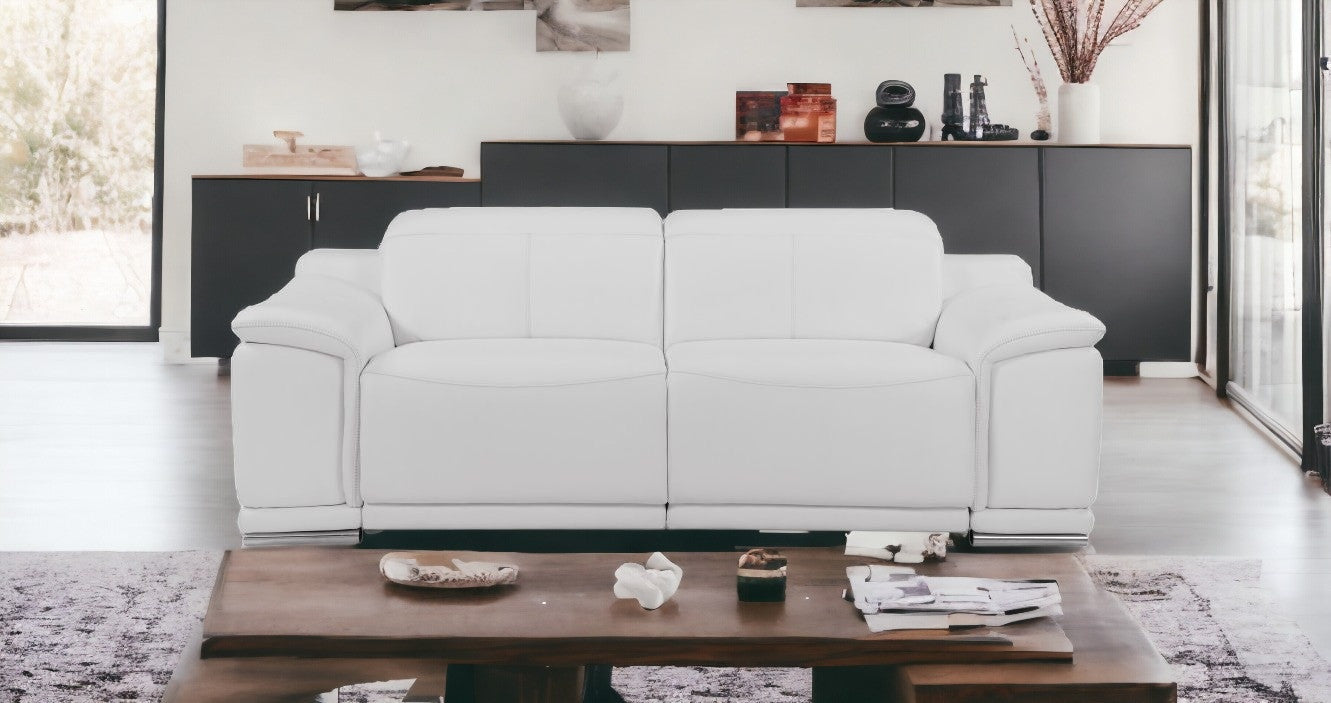 86" White And Silver Italian Leather Reclining USB Sofa