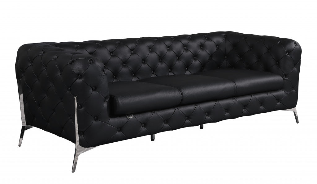93" Black And Silver Genuine Leather Sofa