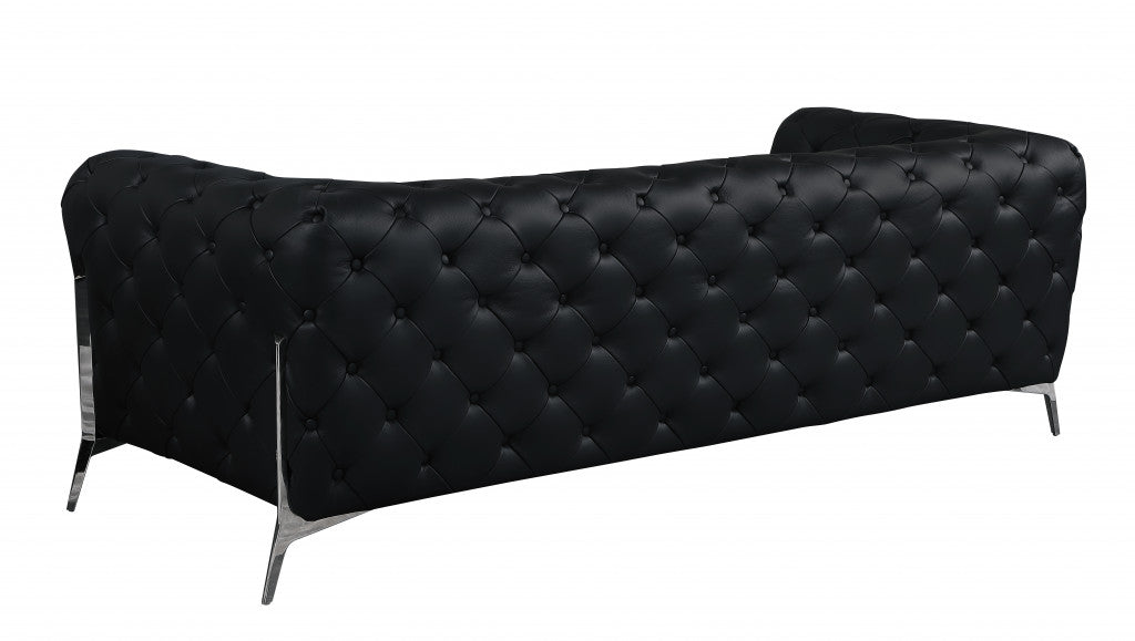 93" Black And Silver Genuine Leather Sofa