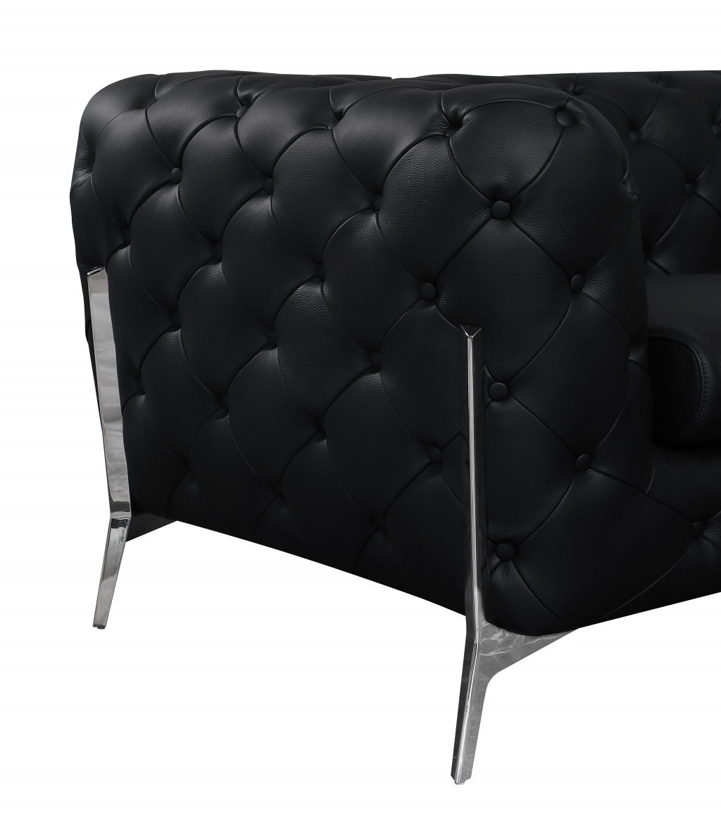 93" Black And Silver Genuine Leather Sofa