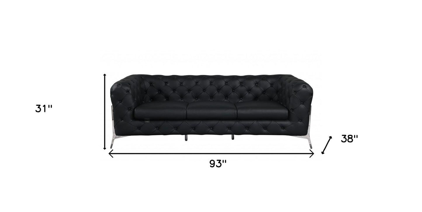 93" Black And Silver Genuine Leather Sofa