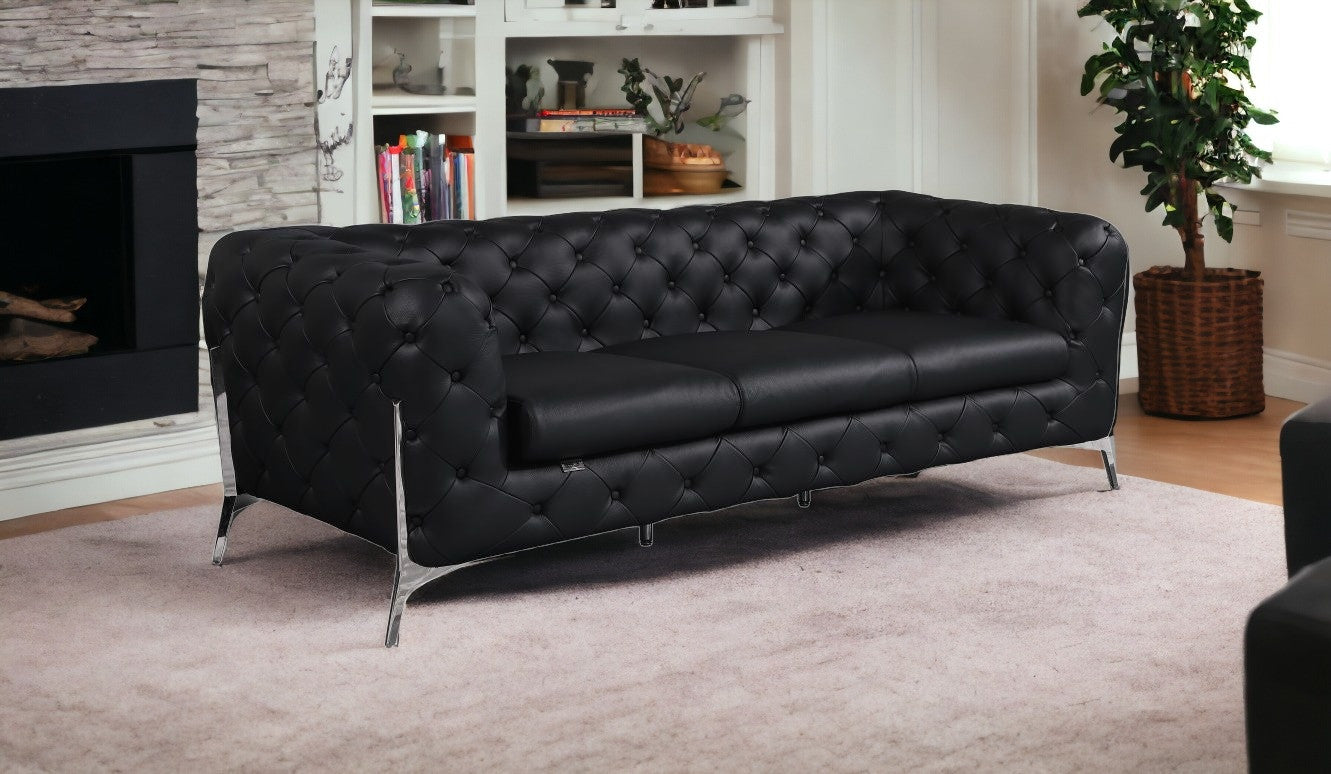 93" Black And Silver Genuine Leather Sofa