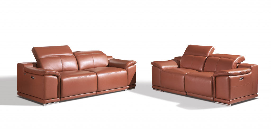 Two Piece Indoor Camel Italian Leather Five Person Seating Set