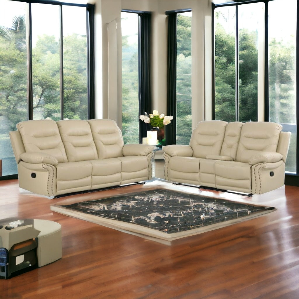Two Piece Indoor Beige Italian Leather Five Person Seating Set
