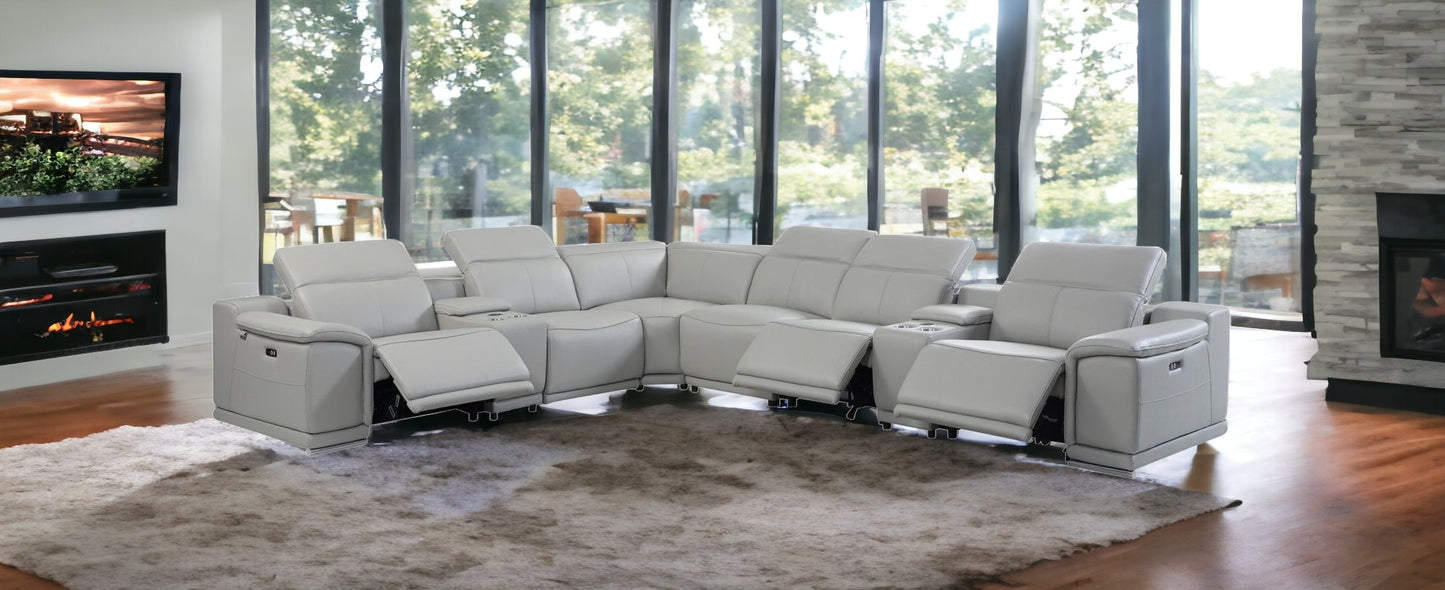 Light Gray Italian Leather Power Reclining U Shaped Eight Piece Corner Sectional With Console