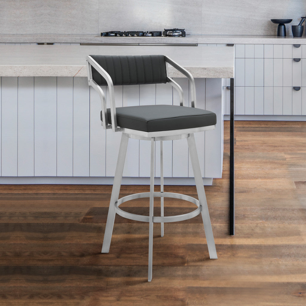 30" Timeless Slate Grey Faux Leather Silver Finish Swivel Counter Stool