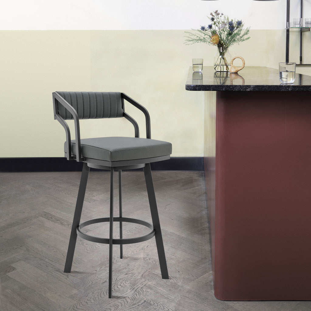 26" Timeless Slate Grey Faux Leather Silver Finish Swivel Counter Stool