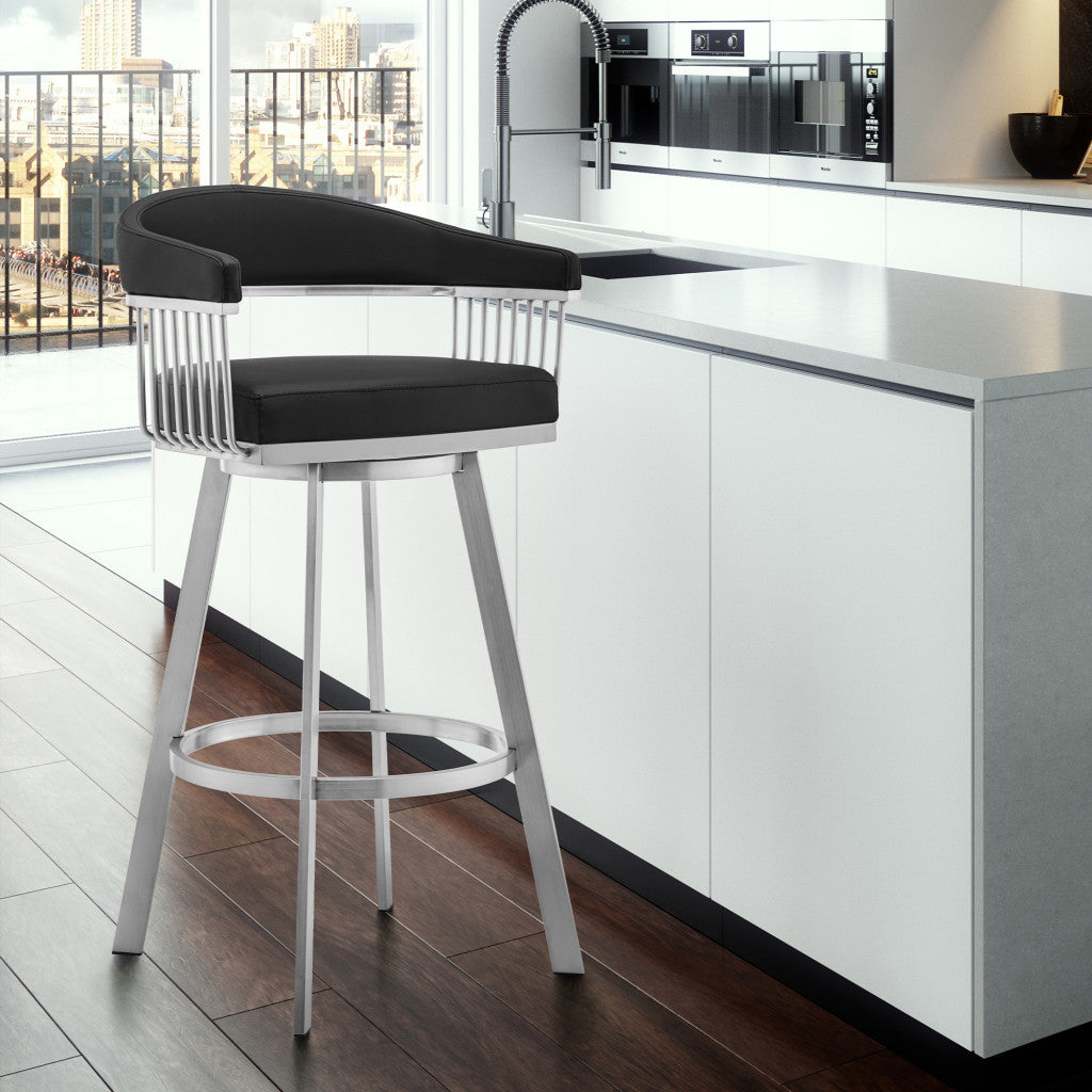 26" Mod Black Faux Leather Brushed Silver Finish Swivel Bar Stool