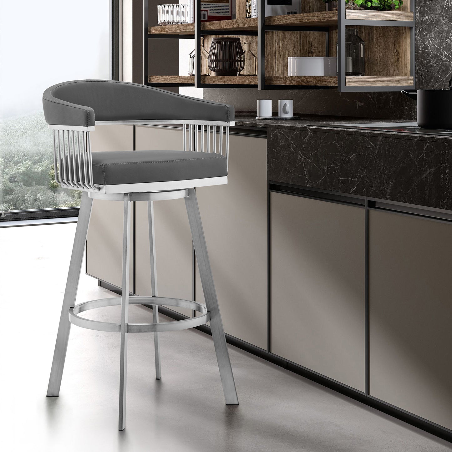 30" Mod Grey Faux Leather Brushed Silver Finish Swivel Bar Stool