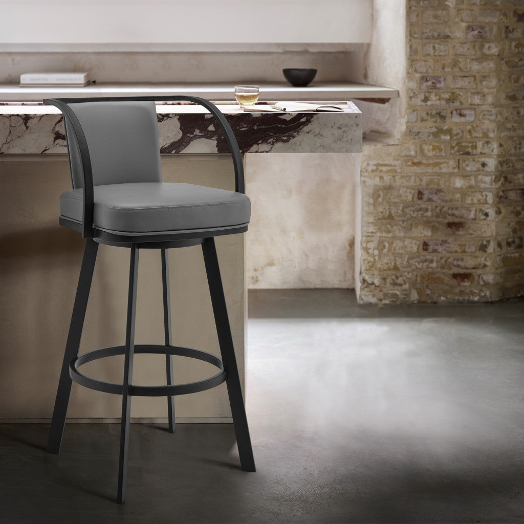 36" Gray Faux Leather And Iron Swivel Counter Height Bar Chair