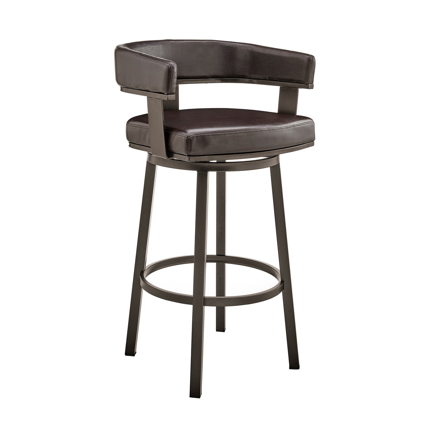 38" Chocolate Faux Leather And Iron Swivel Low Back Bar Height Chair