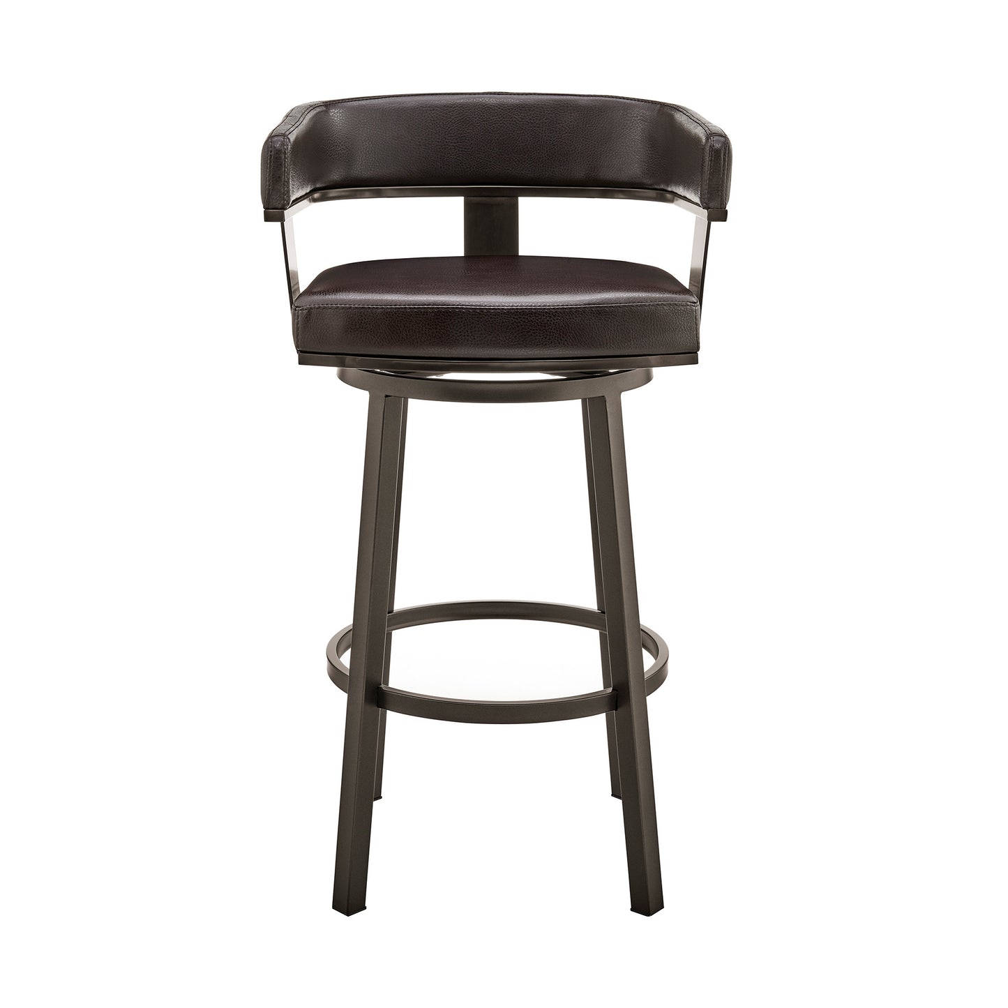 38" Chocolate Faux Leather And Iron Swivel Low Back Bar Height Chair