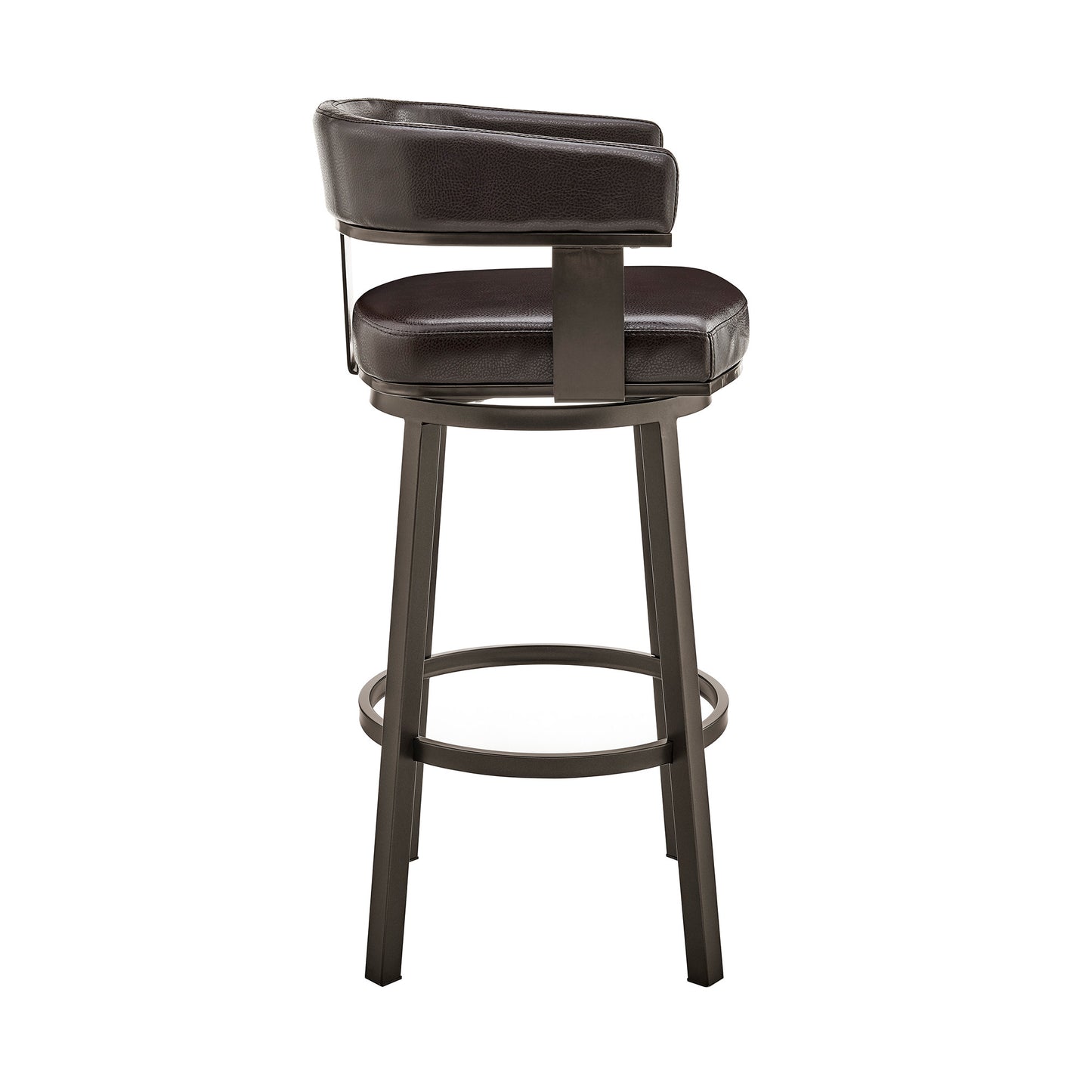 38" Chocolate Faux Leather And Iron Swivel Low Back Bar Height Chair