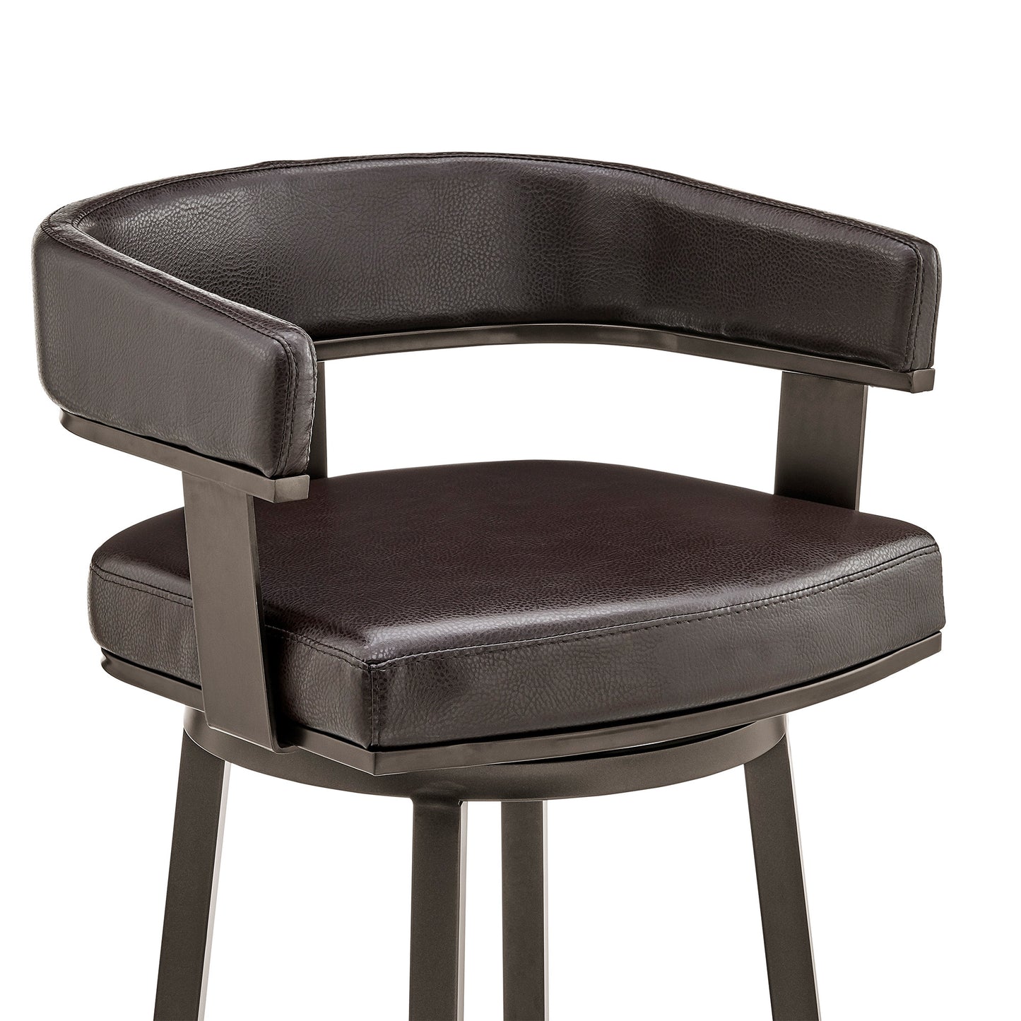 38" Chocolate Faux Leather And Iron Swivel Low Back Bar Height Chair