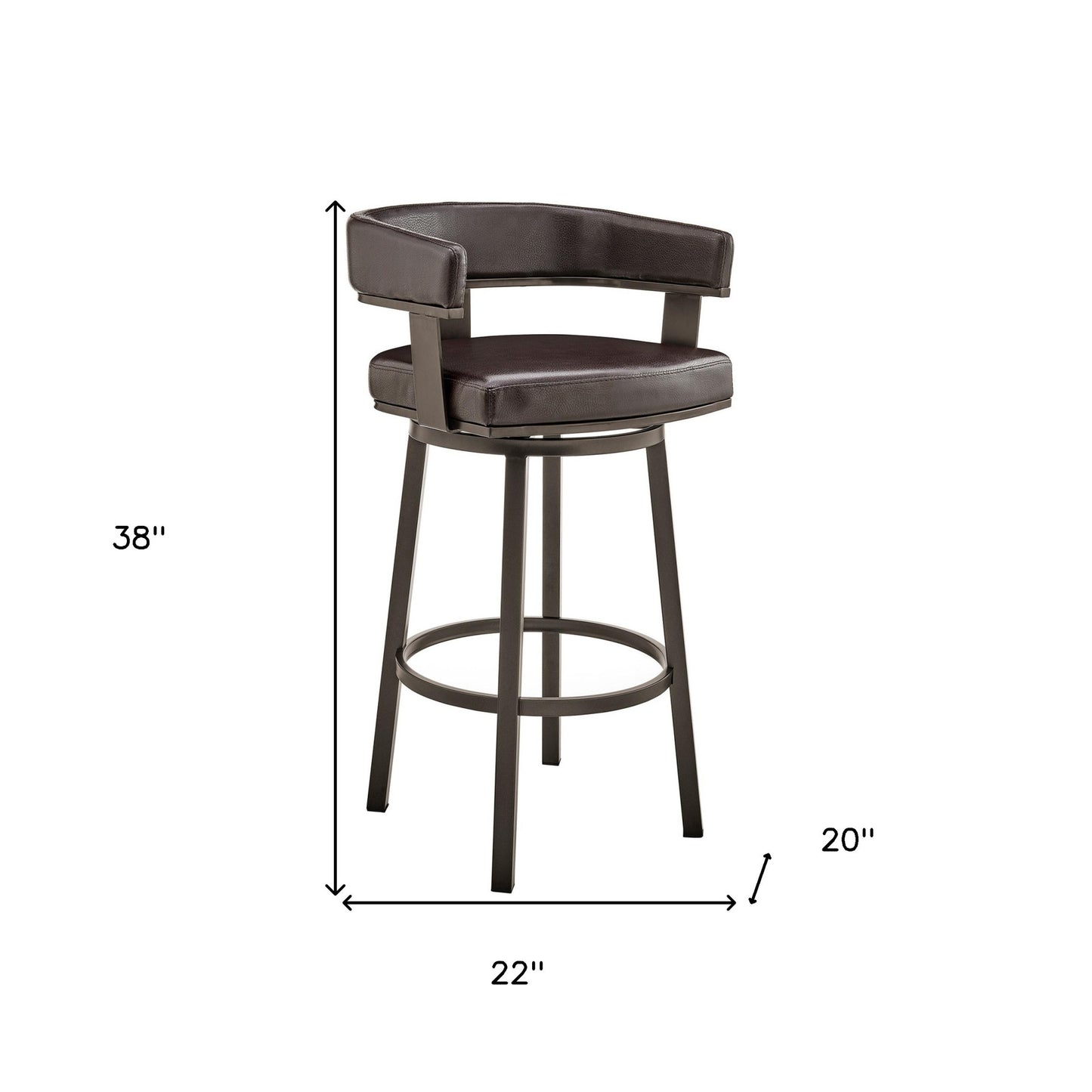 38" Chocolate Faux Leather And Iron Swivel Low Back Bar Height Chair