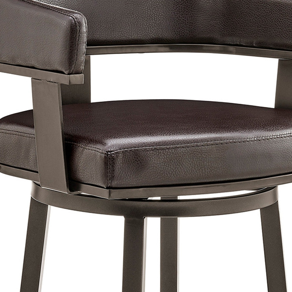 38" Chocolate Faux Leather And Iron Swivel Low Back Bar Height Chair