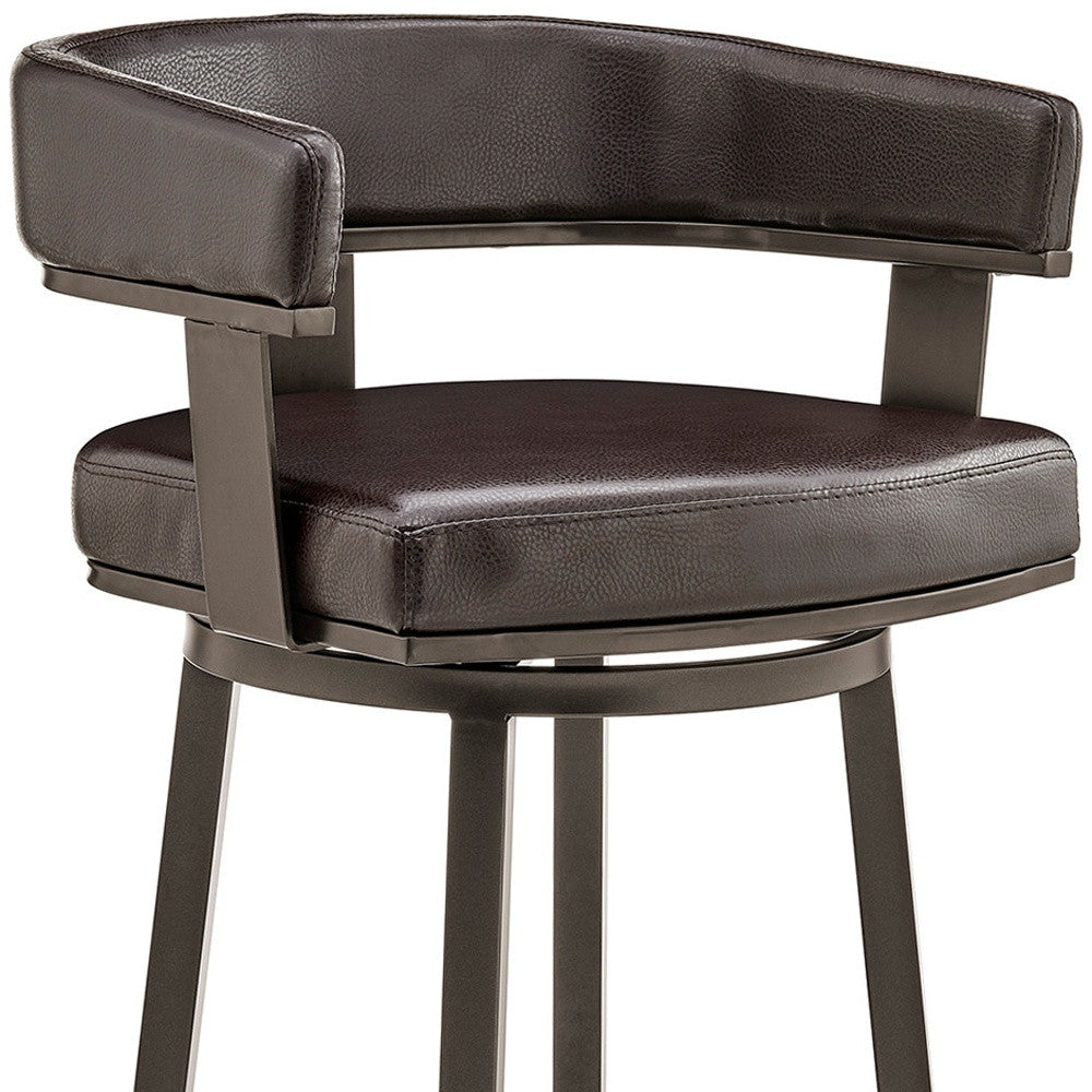 38" Chocolate Faux Leather And Iron Swivel Low Back Bar Height Chair