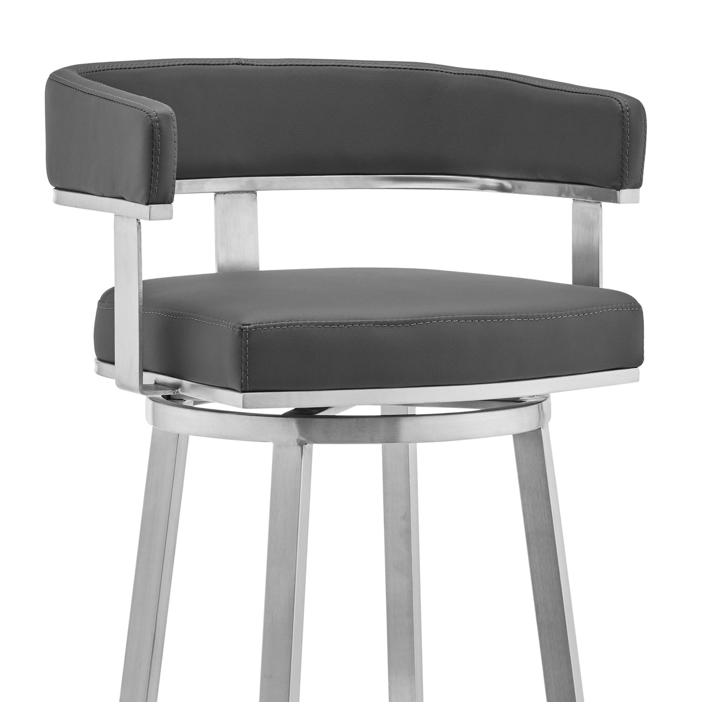 34" Gray And Silver Faux Leather And Iron Swivel Low Back Counter Height Bar Chair With Footrest