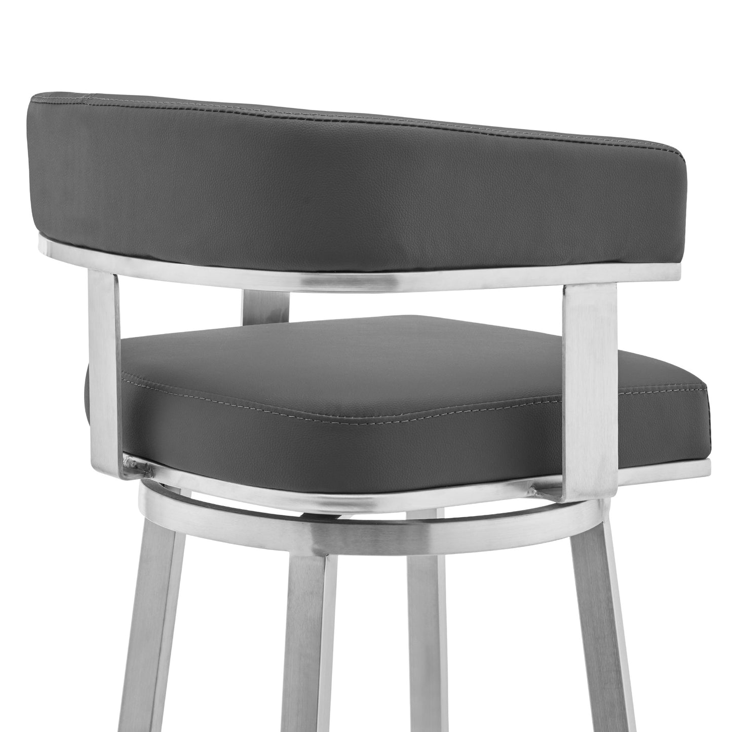 34" Gray And Silver Faux Leather And Iron Swivel Low Back Counter Height Bar Chair With Footrest