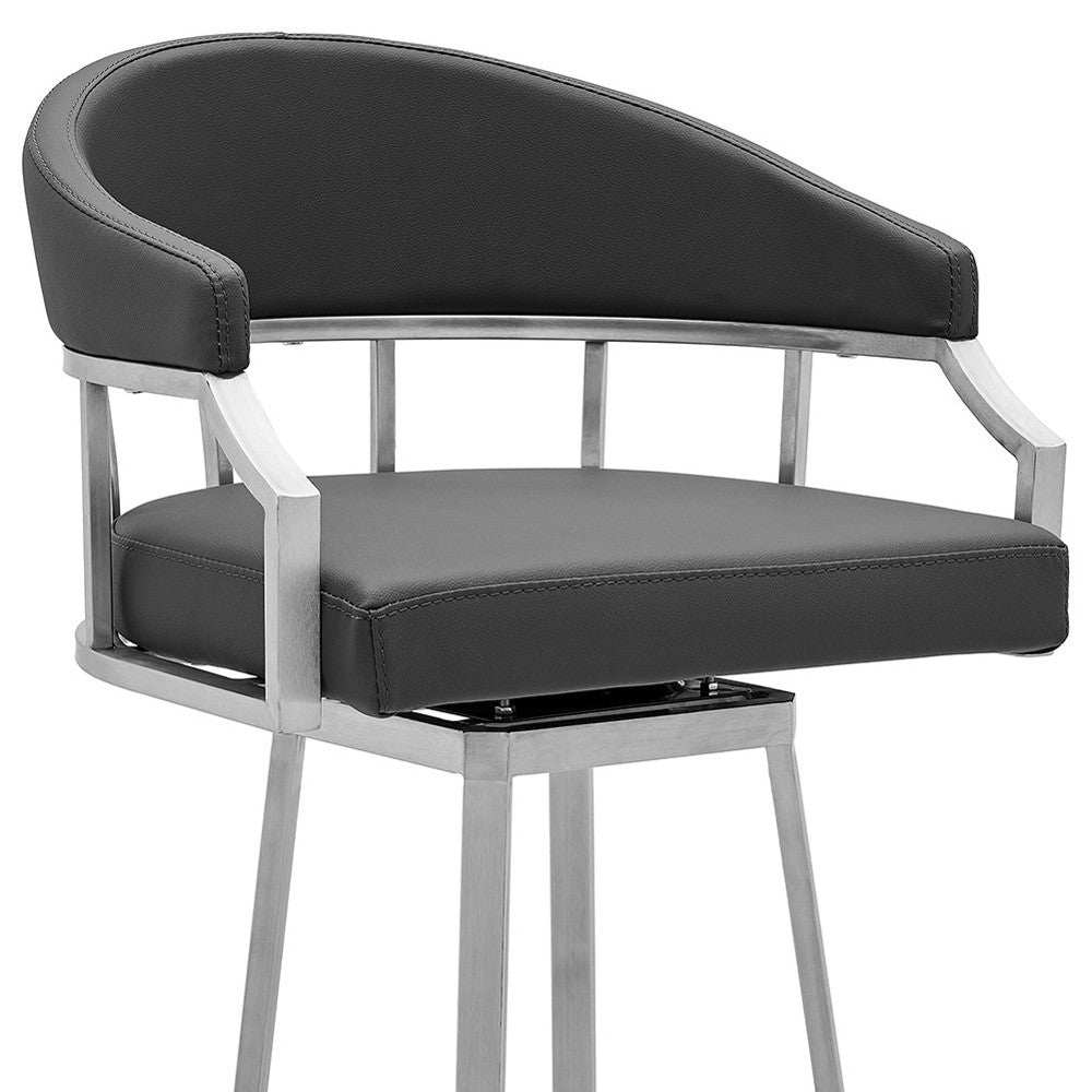 36" Gray Faux Leather And Iron Swivel Low Back Counter Height Bar Chair