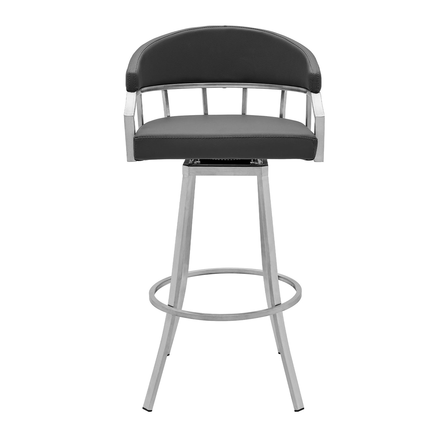 40" Gray Faux Leather And Iron Swivel Low Back Bar Height Chair