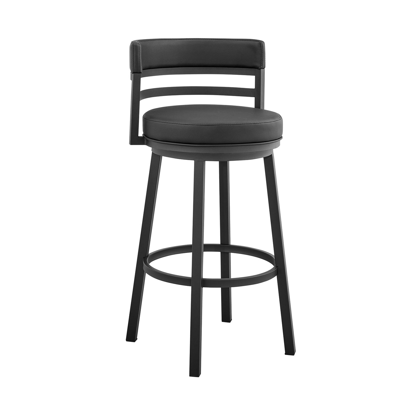 30" Black Faux Leather And Iron Swivel Low Back Bar Height Bar Chair With Footrest