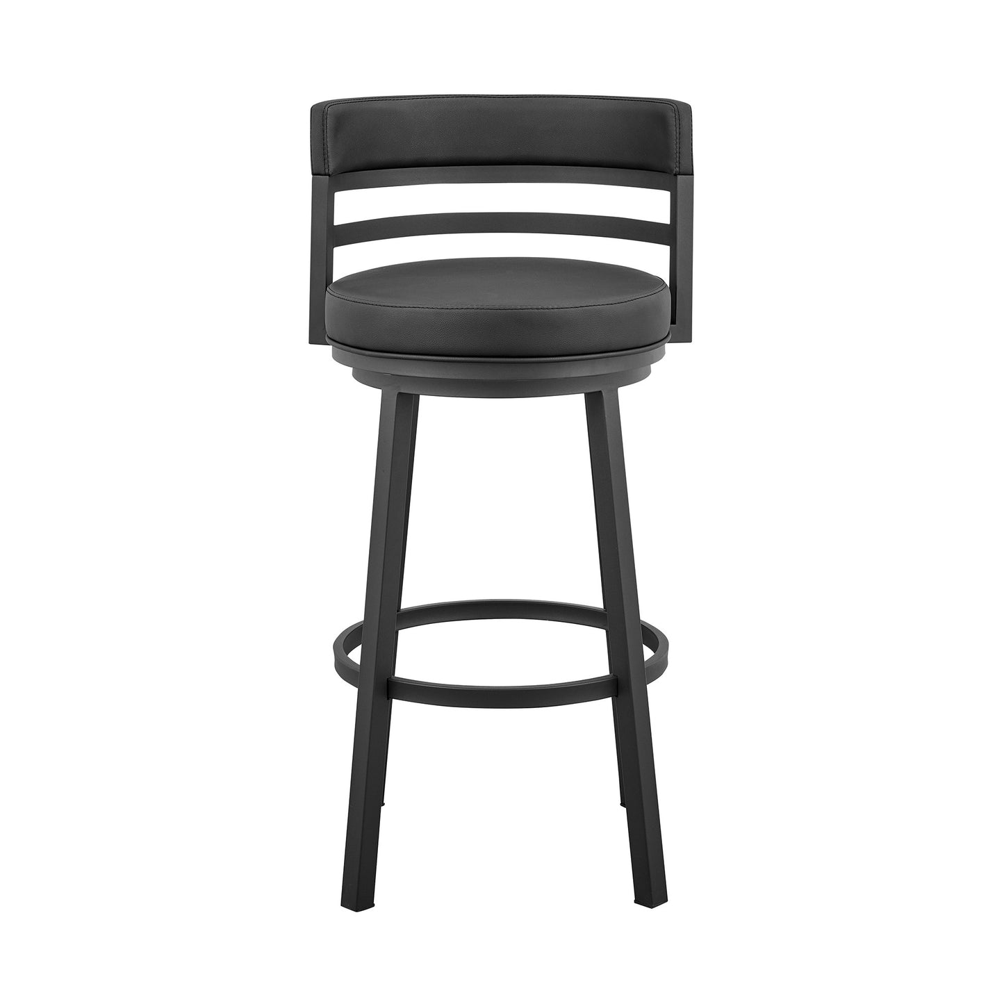30" Black Faux Leather And Iron Swivel Low Back Bar Height Bar Chair With Footrest