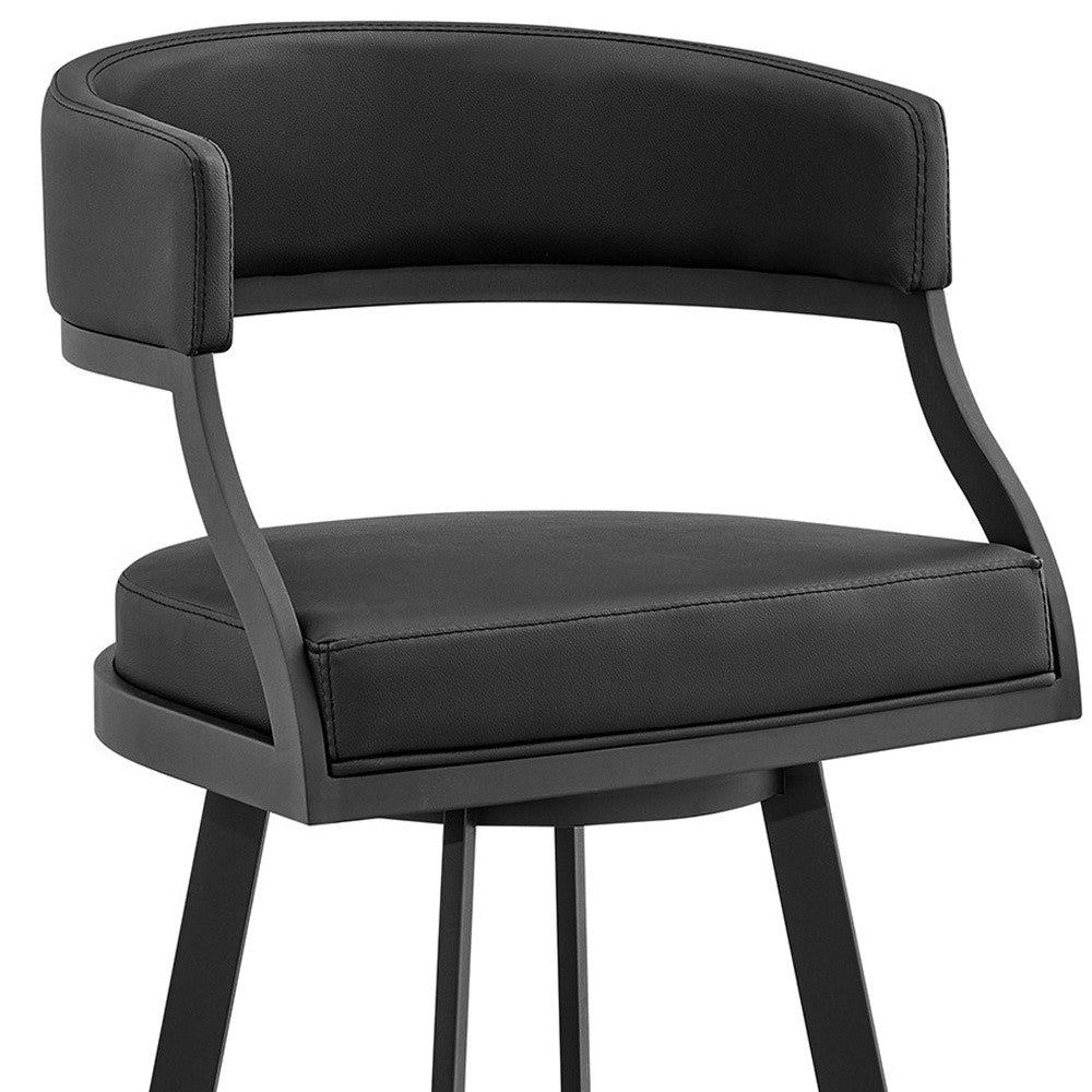 39" Black Faux Leather And Iron Swivel Low Back Bar Height Chair