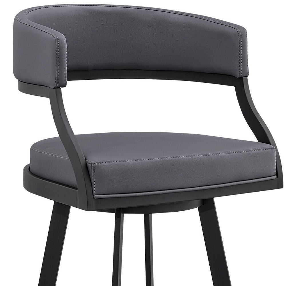 39" Grey Faux Leather And Iron Swivel Low Back Bar Height Chair