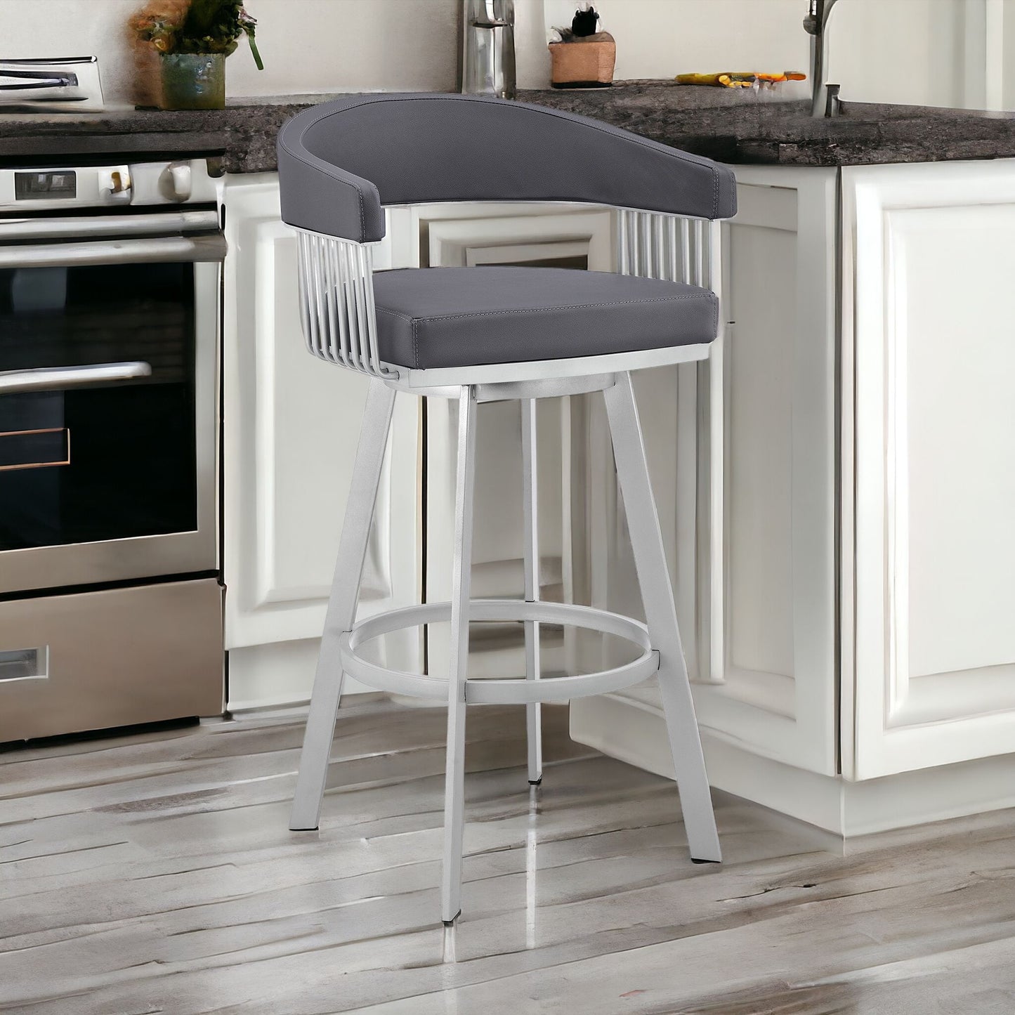 30" Mod Slate Grey Faux Leather Silver Finish Swivel Bar Stool