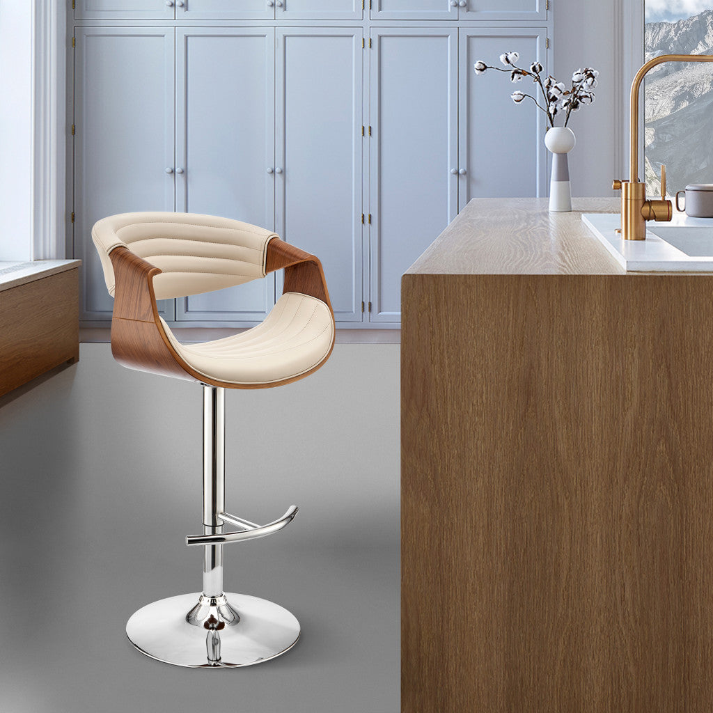 45" Cream Faux Leather And Iron Swivel Low Back Adjustable Height Bar Chair