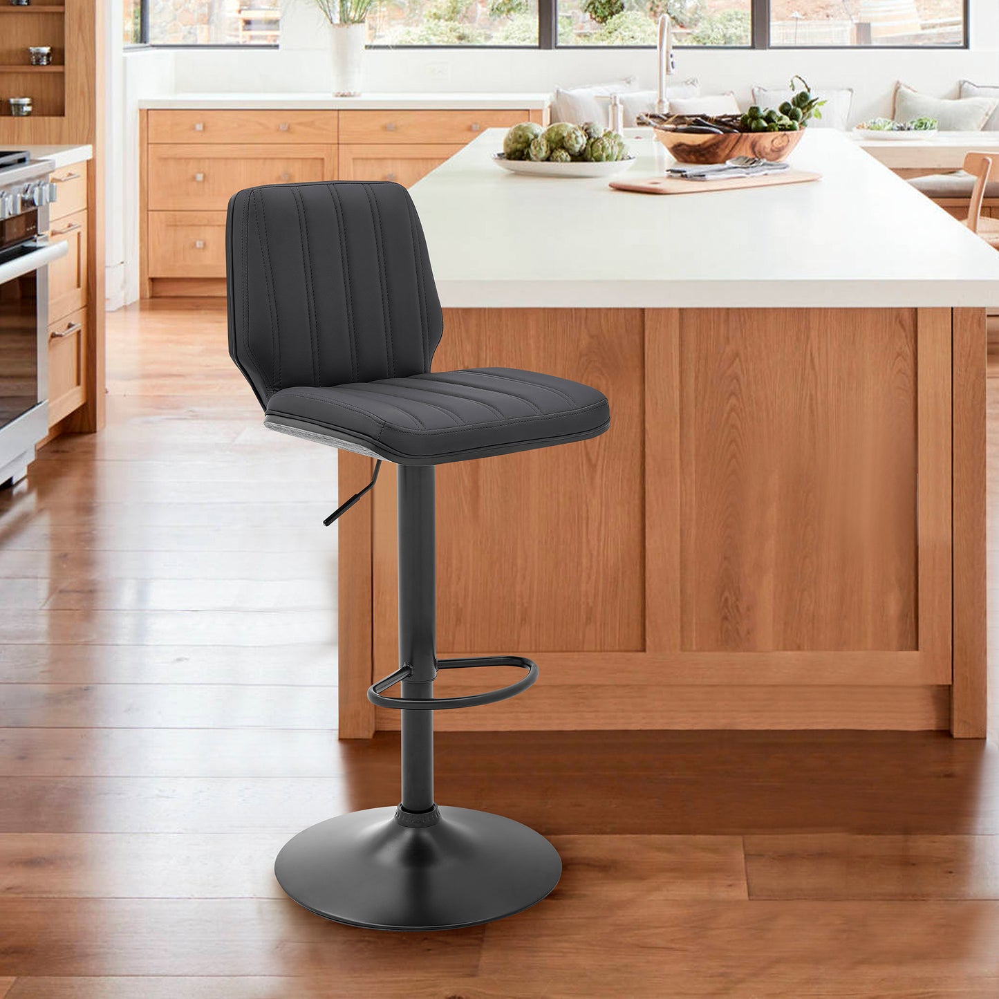 44" Gray Faux Leather And Iron Swivel Adjustable Height Bar Chair