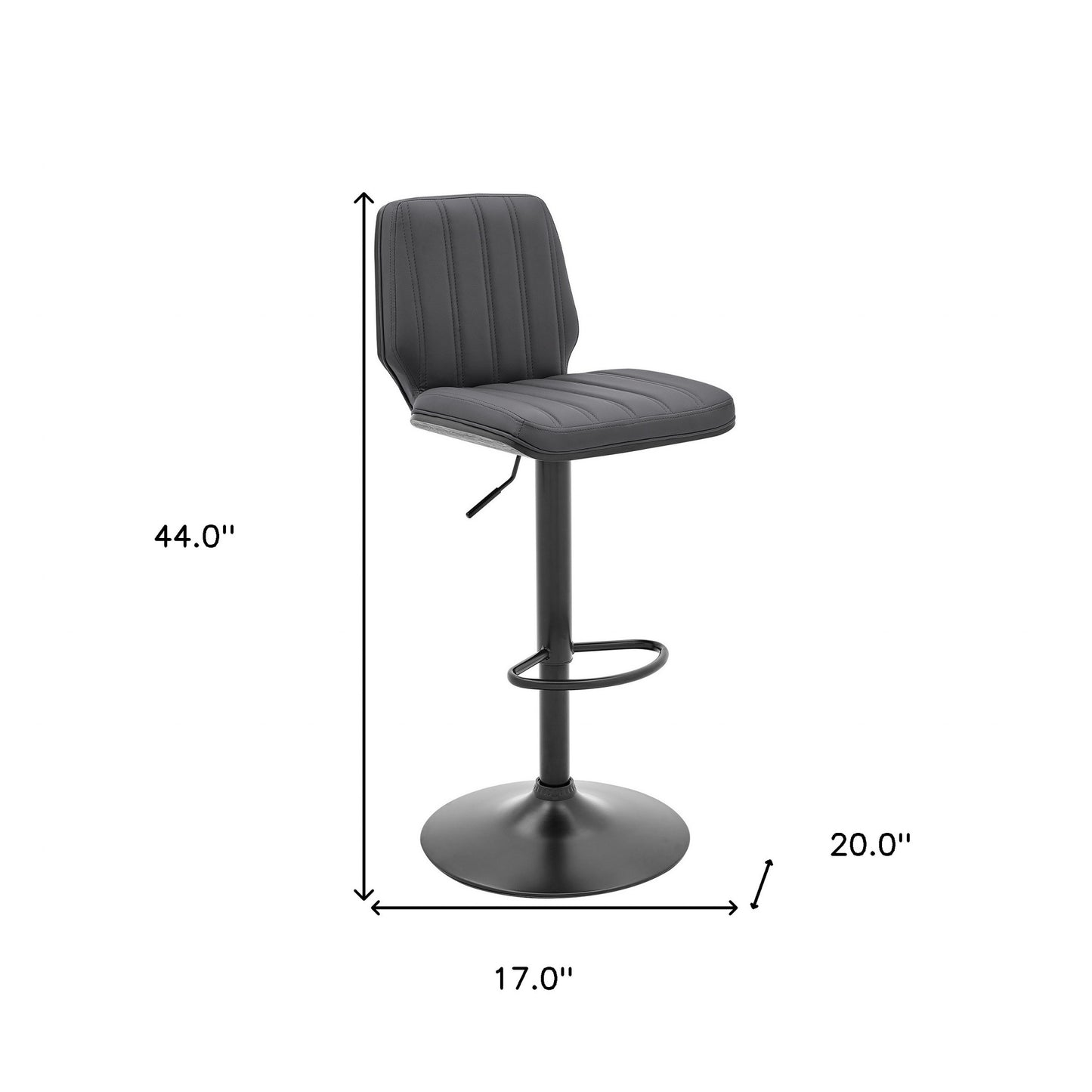 44" Gray Faux Leather And Iron Swivel Adjustable Height Bar Chair