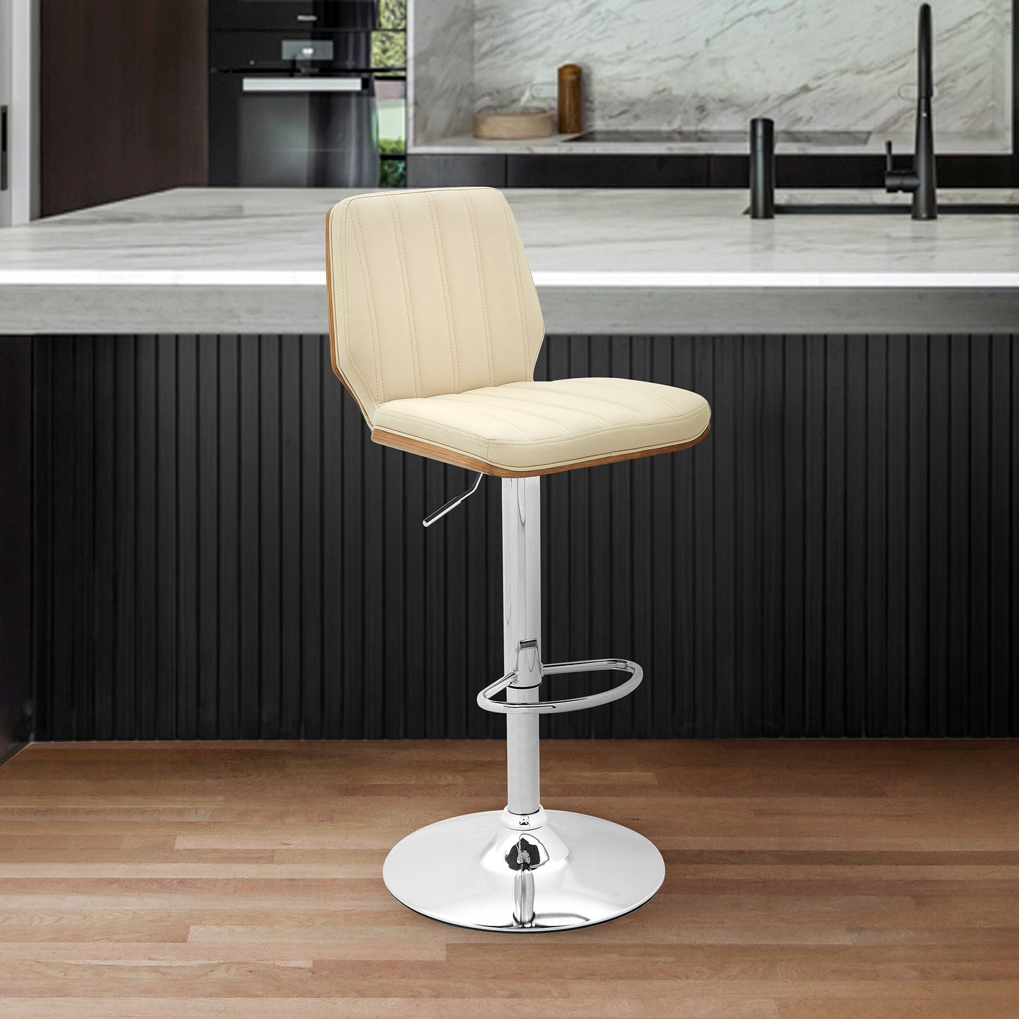 44" Cream And Walnut Faux Leather And Steel Swivel Adjustable Height Bar Chair
