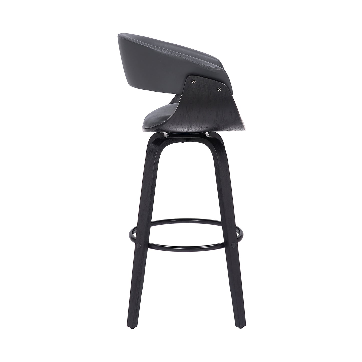 31" Gray And Black Faux Leather And Solid Wood Swivel Low Back Bar Height Bar Chair With Footrest